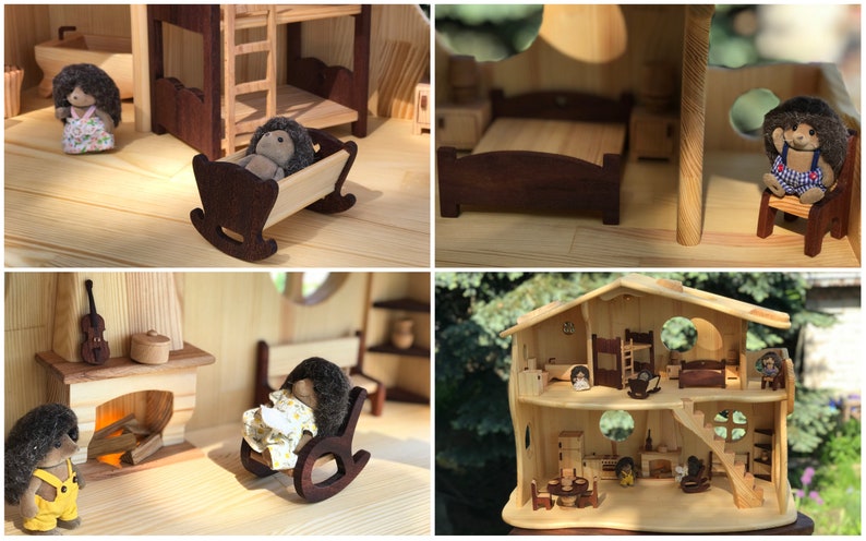 Waldorf Dollhouse 1st Bithday gift Large Wood Dollhouse Fireplace & Red-wood Furniture 1:16 Scale Forest Creatures zdjęcie 6