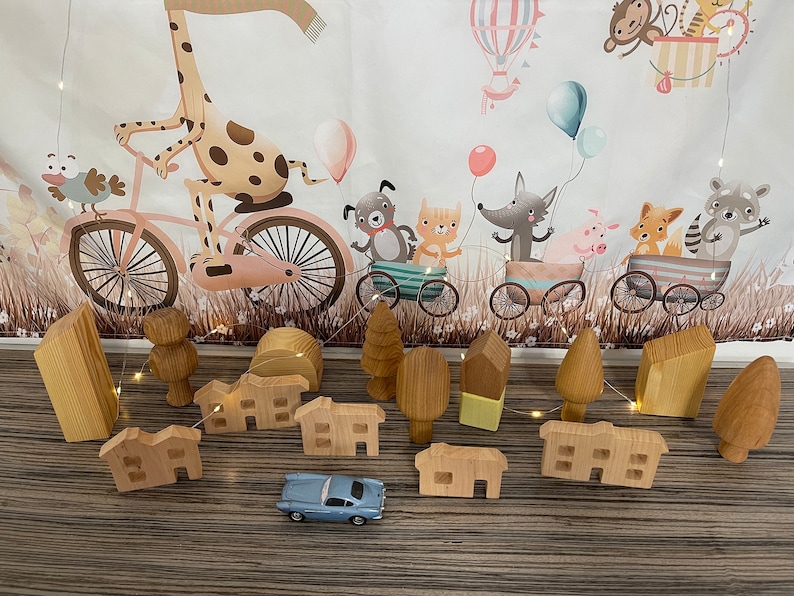 Set of wooden toy houses waldorf montessory Birthday gift for kid Wooden 5 year anniversary gift toy Dollhouse souvenir image 7