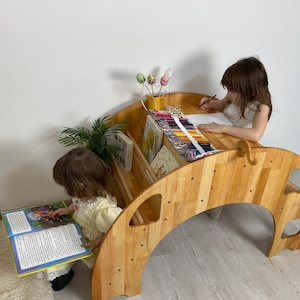 Mesa y silla de madera para niños, estantería Montessori para libros, muebles independientes para guardería, sala de juegos, Waldorf, regalos de Navidad, primer cumpleaños