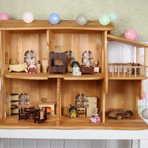 Wooden Dollhouse Christmas Kids Gifts 1st Birthday Alder wood Dollhouse with Fireplace & Redwood furniture Dollhouse kit Wooden Eco Toy image 2