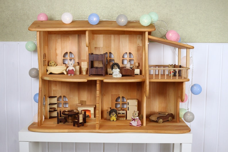 Wooden Dollhouse Christmas Kids Gifts 1st Birthday Alder wood Dollhouse with Fireplace & Redwood furniture Dollhouse kit Wooden Eco Toy image 2