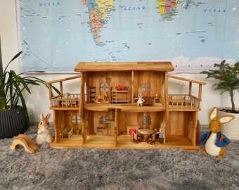 Puppenhaus aus Holz, Weihnachtsgeschenke für Kinder, 1. Geburtstag, Puppenhaus aus Erlenholz mit Kamin und Möbeln aus Rotholz, Puppenhaus-Bausatz, Öko-Spielzeug aus Holz