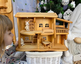 Casa delle bambole in scala 1:24, regalo di Natale per bambini, regalo per la nipote del primo compleanno, casa delle bambole in legno di ontano, kit personalizzato per casa delle bambole Montessori Waldorf