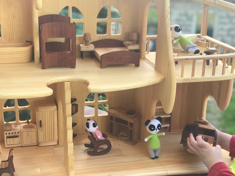 PineWood Dollhouse with a Garage Balcony & Danish Furniture Etsy