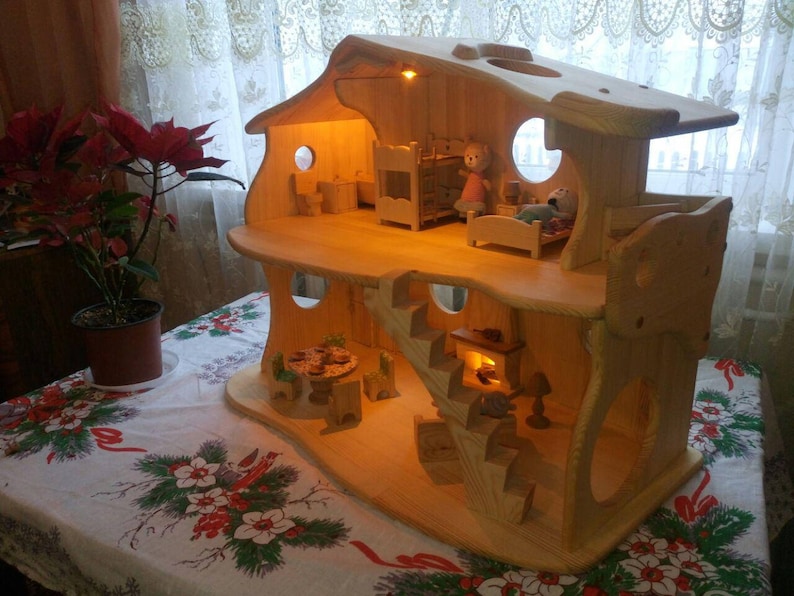 PineWood Fairytale Dollhouse with Light Fireplace without Etsy