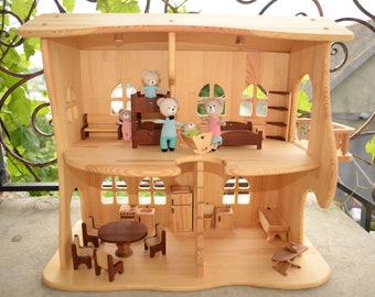 Geschenk für Kinder, Waldorf-Puppenhaus-Set mit hellroten Holzmöbeln, Weihnachtsgeschenk zum 1. Geburtstag des Kindes, Kiefernholz, Maßstab 1:16, handgefertigtes Holzspielzeug