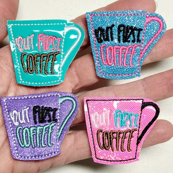 But First Coffee/Latte Mug/ Coffee Cup Feltie Pair/PERFECT for Badge Reels. Coffee Cozies, Bow Center/ Embellishment