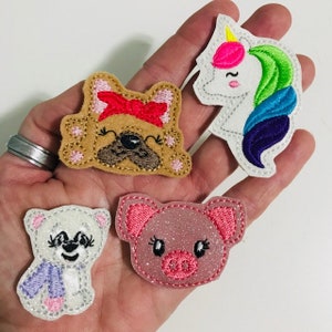 Unicorn, Bull dog, Pig,  Feltie Pair PERFECT for Badge Reel,  Simple feltie, Bow Center,  Clips, Cup Cozie,