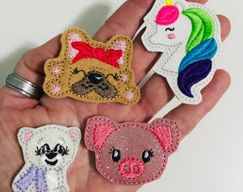 Unicorn, Bull dog, Pig,  Feltie Pair PERFECT for Badge Reel,  Simple feltie, Bow Center,  Clips, Cup Cozie,