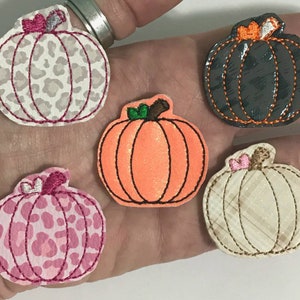 May include: Five felt pumpkin patches with different patterns. The pumpkins are in various colors, including pink, orange, white, and gray. The pumpkins have a stitched detail around the edges.