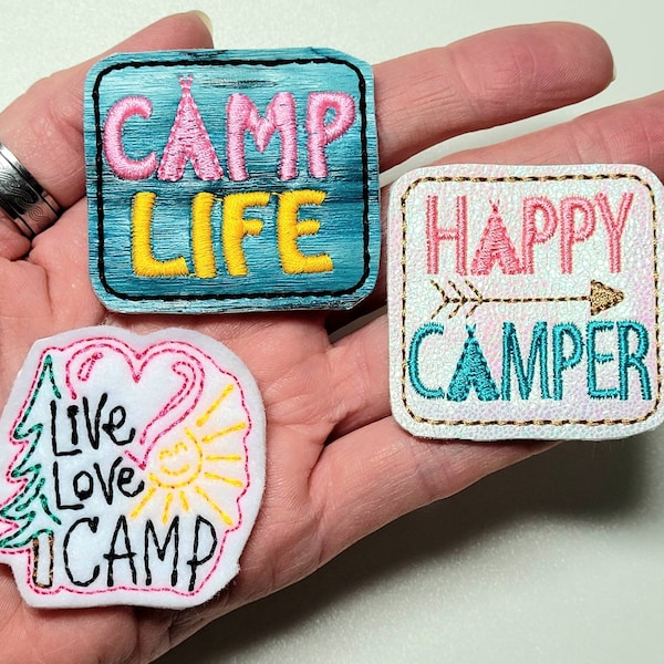 Camping Felties  pair, CAMP, Happy Camper  ,Perfect for Badge Reel,  Simple feltie, Bow Center,  Clips, Cup Cozie, Embellishment