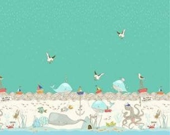 Make a Splash Turquoise Fish Inn Double Border Fabric Yardage, 24" x 44" Repeat, Lisa Glanz, Michael Miller, Cotton Quilting Fabric
