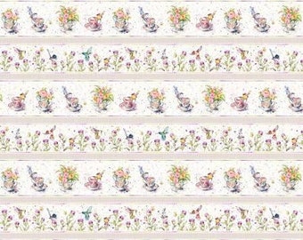 Remnant 1-1/3 Yards Flowers and Feathers Multi Wide Stripe Fabric Yardage, Sillier Than Sally Collection, P & B Textiles, Cotton