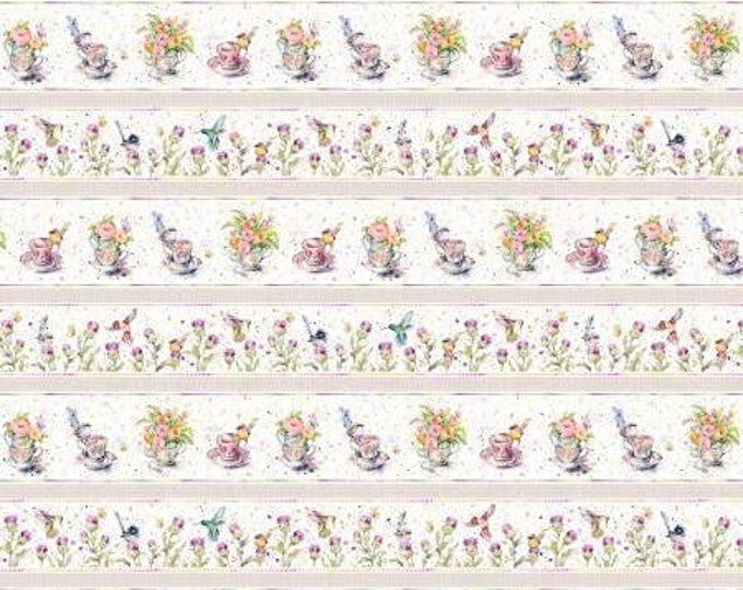 Remnant 1-1/3 Yards Flowers and Feathers Multi Wide Stripe Fabric Yardage, Sillier Than Sally Collection, P & B Textiles, Cotton