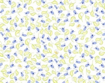 White Bird's Buddies Lilac Mini Tulips & Bees Fabric Yardage, Susybee Collection, Susybee, Cotton Quilt Fabric, Bird Fabric