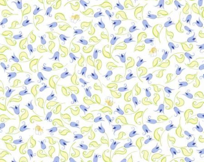 White Bird's Buddies Lilac Mini Tulips & Bees Fabric Yardage, Susybee Collection, Susybee, Cotton Quilt Fabric, Bird Fabric