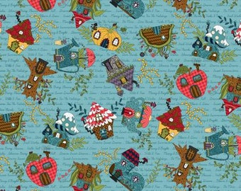 Gnome for the Holidays Blue House Tossed Allover Fabric Yardage, Leanne Anderson, Henry Glass, Cotton Quilt Fabric