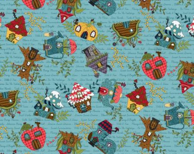 Gnome for the Holidays Blue House Tossed Allover Fabric Yardage, Leanne Anderson, Henry Glass, Cotton Quilt Fabric