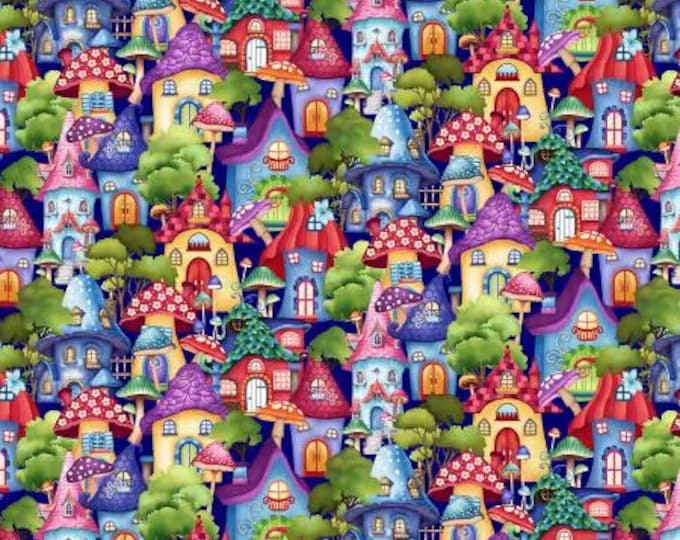 Down the Fairy Path Royal Multi Fairy Houses 12 Inch Repeat Fabric Yardage, Color Principle Studio, Henry Glass, Cotton Quilt Fabric