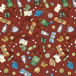 Live Love Camp Red Gone Camping Motifs Fabric Yardage, Nicole DeCamp, KANVAS by Benartex, Cotton Quilt Fabric, Camp Fabric