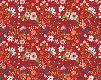 Remnant 2/3-Yards Farm Girls Unite Red Farm Girl Fabric Yardage, Poppie Cotton, Cotton Quilt Fabric, Floral Fabric