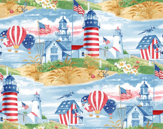 Shoreline Stories Blue Scenic Fabric Yardage, Lisabelle Art Studio, Blank Quilting, Cotton Quilt Fabric, Patriotic Fabric