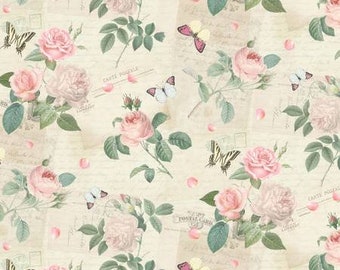 Jardin Cream Roses & Butterflies on Postcards Fabric Yardage, Timeless Treasures, Cotton Quilt Fabric, Floral Fabric