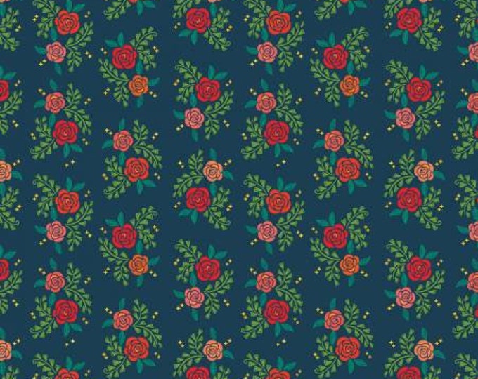 Remnant 2/3-Yard Indigo Garden Rose Cluster Navy Fabric Yardage, Heather Peterson, Riley Blake Designs, Cotton Quilt Fabric, Floral Fabric