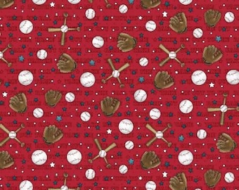 I Love Sports Fabric Red Baseball Elements Fabric Yardage, Leanne Anderson, Henry Glass, Cotton Quilt Fabric, Sports Fabric