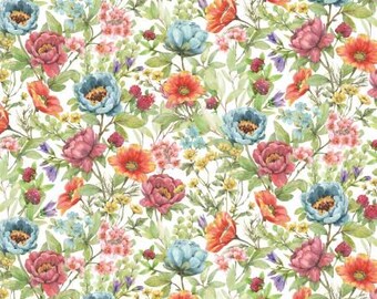 Bunnies & Blooms Allover Floral Fabric Yardage, Leslie Trimbach, P B Textiles, Cotton Quilt Fabric, Floral Fabric
