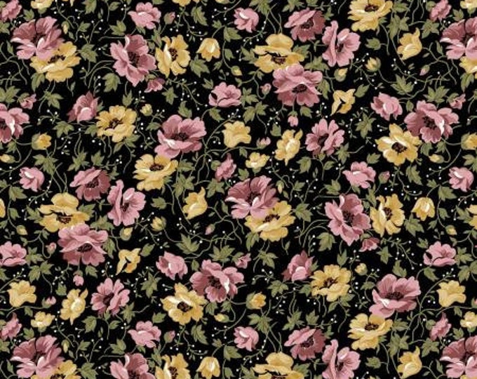 Midnight Garden Flowers Black Fabric Yardage, Gerri Robinson, Riley Blake Designs, Cotton Quilt Fabric, Floral Fabric