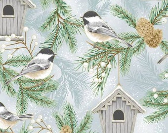 Remnant 3/4-Yards Home Sweet Home Dusty Blue Birdhouses & Birds w Gold Metallic Fabric Yardage, Hoffman Fabrics, Cotton Quilt Fabric