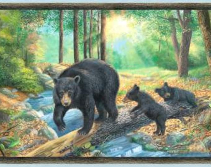 A New Adventure Large Panel Cotton Quilting Fabric, Bear, Wilderness Fabric Wilmington Prints, Randy McGovern,