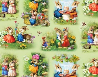 I Love You Bunny Green Scenes Fabric Yardage, Peter Meseldzija, Elizabeths Studio, Cotton Quilt Fabric, Bunny Fabric