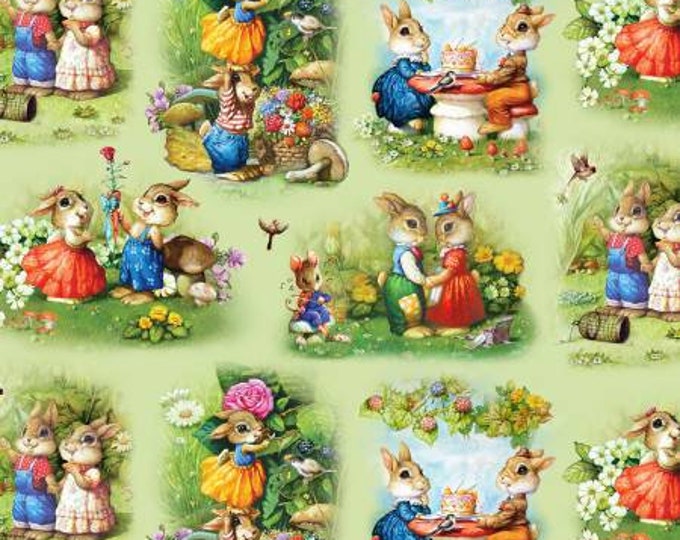 I Love You Bunny Green Scenes Fabric Yardage, Peter Meseldzija, Elizabeths Studio, Cotton Quilt Fabric, Bunny Fabric