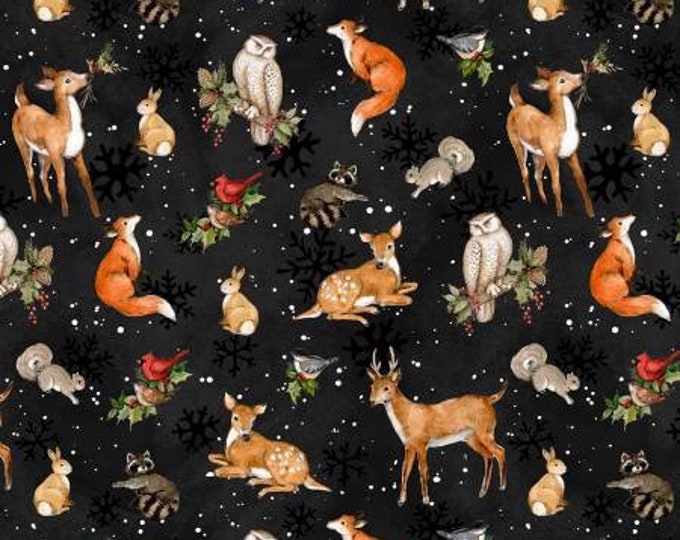 Winter Forest Black Forest Animal Toss Fabric Yardage, Susan Winget, Wilmington Prints, Cotton Quilt Fabric, Christmas Fabric