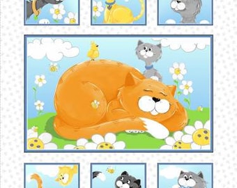 White Kitty the Cat Quilt Panel,  36 Inches, Susybee Collection, Susybee, Cotton Quilt Fabric, Cat Fabric