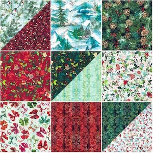 May include: Nine different fabric swatches with a Christmas theme. The swatches feature various patterns including red and green floral designs, a winter wonderland scene, and a pattern of bows and ribbons.