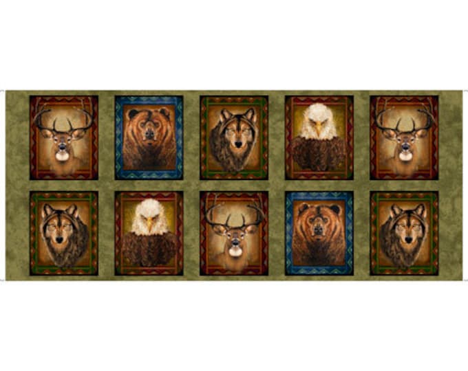 Remnant In the Wilderness Animal Picture Patches Olive Fabric 18" Panel, Quilting Treasures, Jim Hansel, Joe Low, Moose, Cotton Quilt Fabric