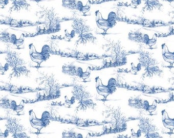 Remnant 3/4-Yards Home to Roost Blue Toile Fabric Yardage, Susan Winget, Wilmington Prints, Cotton Quilt Fabric, Chicken Fabric