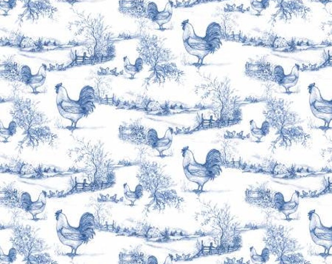 Remnant 3/4-Yards Home to Roost Blue Toile Fabric Yardage, Susan Winget, Wilmington Prints, Cotton Quilt Fabric, Chicken Fabric