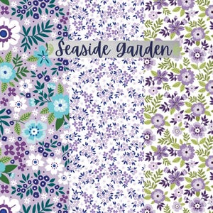 May include: A collection of floral fabric patterns in shades of purple, blue, and white. The designs feature various flower types and leaf patterns. The text "Seaside Garden" is displayed across the center of the image.
