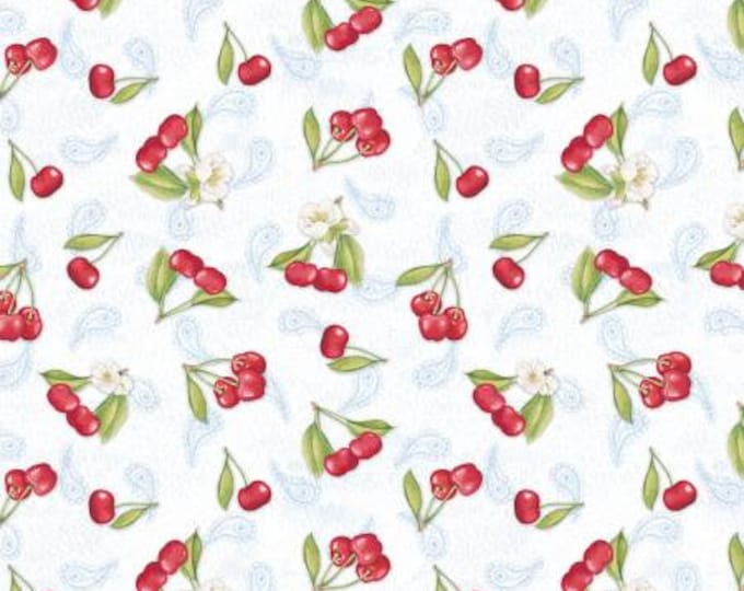 Berry Sweet White Tossed Cherries  Cotton Quilting Fabric, Floral Fabric, Berry fabric, Mask Fabric, Elyse DeNeige, Wilmington Prints.