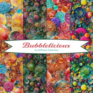 Peut inclure: Un motif de tissu vibrant et coloré avec un motif répétitif de formes en forme de bulles dans des tons de bleu, vert, orange et rose. Le texte "Bubblelicious by Hoffman Collection" est affiché sur une bannière blanche.