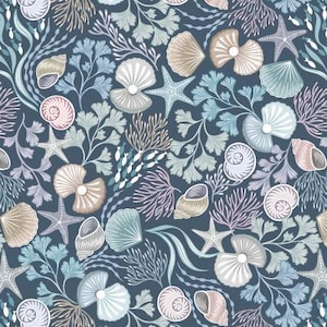 May include: A seamless pattern featuring a variety of seashells, starfish, and seaweed in shades of blue, pink, and brown on a dark blue background.