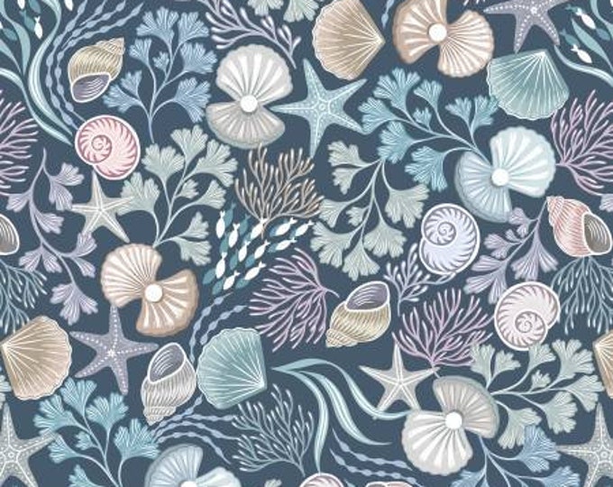 Ocean Pearls Shells and Pearls on Dark Blue with Pearl Fabric Yardage, Lewis & Irene, Cotton Quilt Fabric, Ocean Fabric