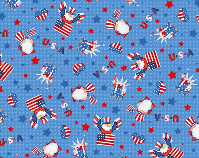 Gnome of the Brave Tossed Gnomes and Flags Fabric Yardage, Shelly Comisky, Henry Glass, Cotton Quilt Fabric, Gnome Fabric