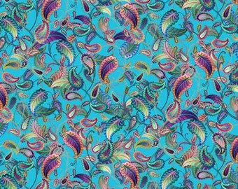 Blooming Paisleys Sky Multi Paisley Allover Fabric Yardage, Cotton Quilting Fabric, Art Loft, Studio E, Floral Fabric