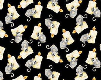 Boo! Black Tossed Mouse Glow in the Dark Fabric Yardage, Henry Glass, Cotton Quilt Fabric, Halloween Fabric