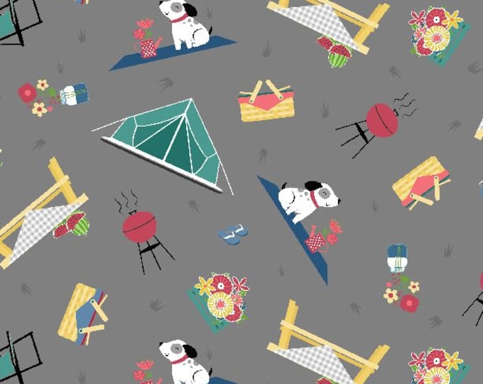 Adventure Time Camping Toss Gray Cotton Quilting Fabric, Camping Fabric, Anne Rowan, Wilmington Prints.